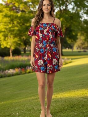 C-mode Red Floral Ruffle Cold Shoulder Romper - NWOT